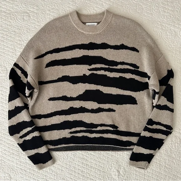 NAADAM Wool Cashmere Tiger Stripe Jacquard Crew Pullover Sweater Oatmeal Women’s - Picture 2 of 9